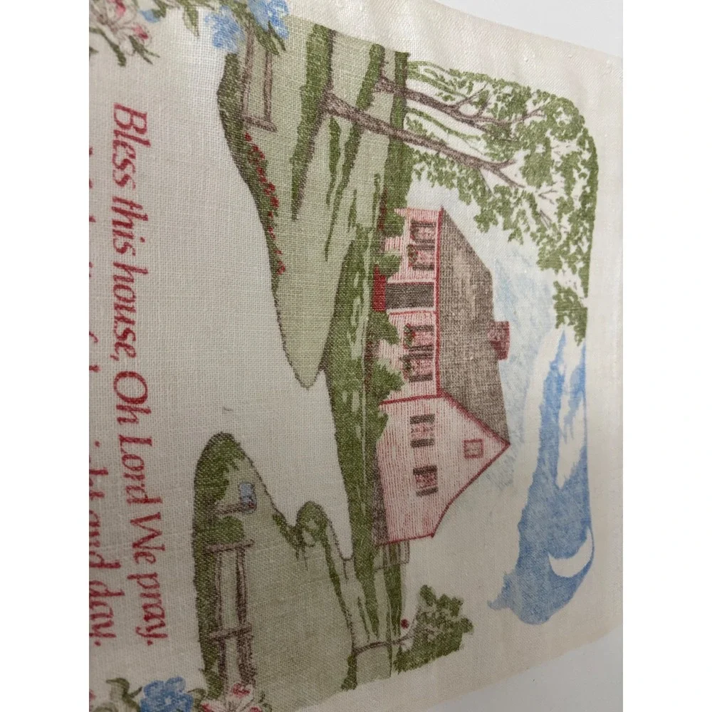 Vintage 183 Linen Calendar Tea Towel Floral Blue Red Mid Century Kitchen Decor